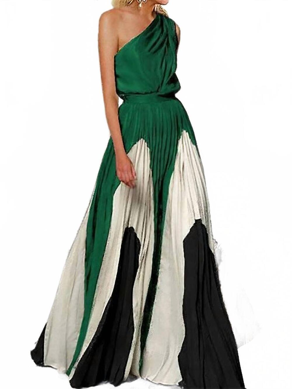NEW VIVIDLUX sleeveless asymmetric pleated one-shoulder maxi dress in green